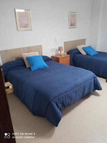 two beds with blue pillows in a room at Casa en la huerta - Villa Encarna in Caravaca de la Cruz