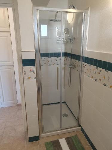 a shower with a glass door in a bathroom at Il Grottino di Sarzana in Sarzana