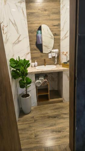 a bathroom with a sink and a mirror and a plant at Villa São Lourenço in Bertioga