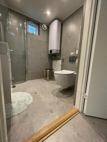 ein Badezimmer mit Dusche, Toilette und Waschbecken in der Unterkunft Hamngardi in Stånga