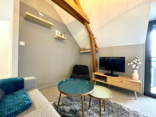a living room with a couch and a tv at L'Appart'Anjou in Cantenay-Épinard