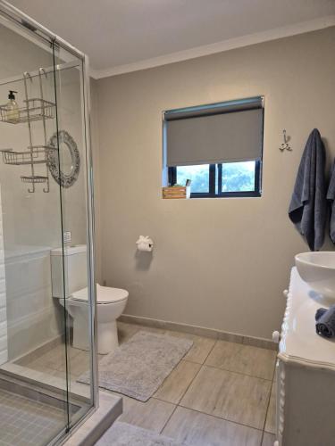 a bathroom with a shower and a toilet at Courtleigh Cottage in Hilton