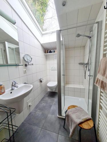 a bathroom with a shower toilet and a sink at Ferienhaus Hummel in Böhl