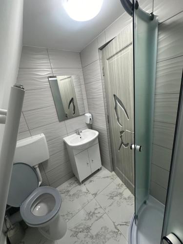 a bathroom with a toilet and a sink and a shower at Aframe -Melissa in Baia de Fier