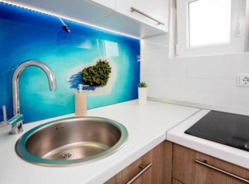 a sink in a kitchen with a blue wall at Villa Goldfield in Gradac