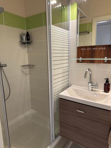 a bathroom with a shower and a sink at Meerzeit in Steinhude- Exklusives 1 Zimmer Appartement in Wunstorf