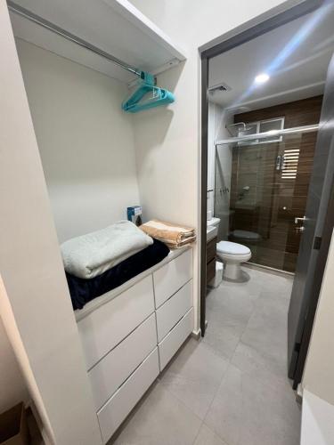 a small bathroom with a toilet and a sink at Bluu Habitat Lagoons 206 in Mazatlán