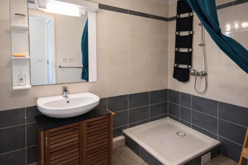 a bathroom with a sink and a bath tub at Duplex Palm Beach - Plage et Rando in Le Gosier