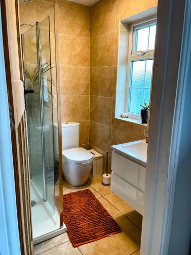 a bathroom with a shower and a toilet and a sink at En-Suite Private Room Brocton Village in Bednall