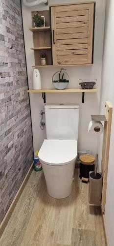 a bathroom with a white toilet in a room at La Chrysalide - Classé 3 étoiles - 4 pers - Port du Cap d'agde - Plage - Clim - Wifi - Histoire de clés in Cap d'Agde