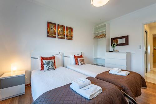 two twin beds in a room with a television at Cozy and Quiet Spacious Flat in Oliveira do Douro