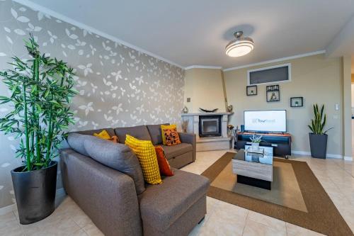 a living room with a couch and a tv at Cozy and Quiet Spacious Flat in Oliveira do Douro