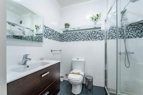 a bathroom with a toilet and a sink and a shower at Cozy and Quiet Spacious Flat in Oliveira do Douro