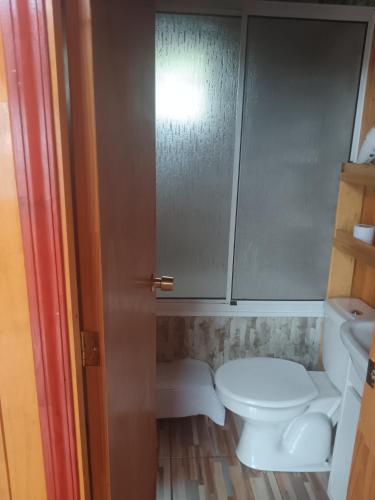 a small bathroom with a toilet and a cabinet at Cabañas Abrumax in Hornopiren