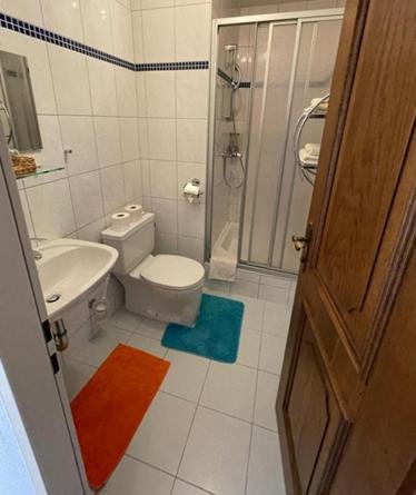 a bathroom with a toilet and a sink and a shower at Landhotel Max & Moritz in Liebenau