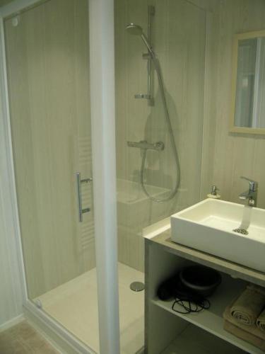 a white bathroom with a shower and a sink at La bergerie in Chaillevette
