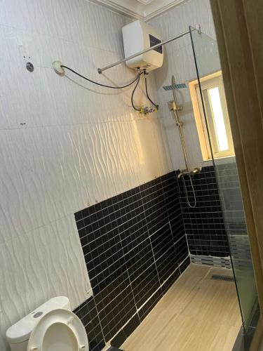 a bathroom with a toilet and a glass shower at DE-George's Grand Resort in Mama