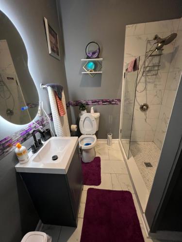 a bathroom with a sink and a toilet and a shower at Alaynah's Place in Brunswick