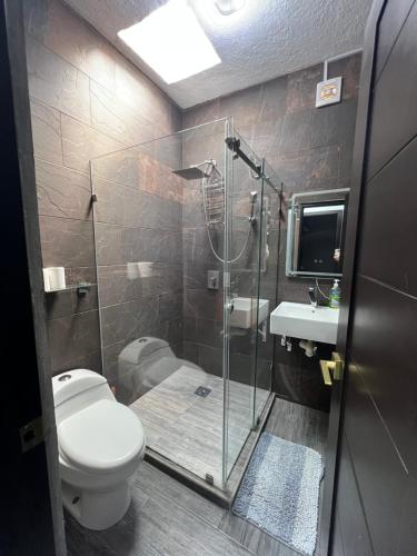 a bathroom with a shower and a toilet and a sink at Casa Pacifico Azul in Ixtapa