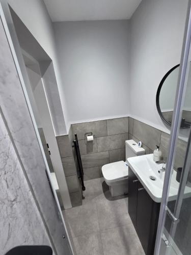 a bathroom with a sink and a toilet and a mirror at Easy access to manchester airport &city centre in Manchester