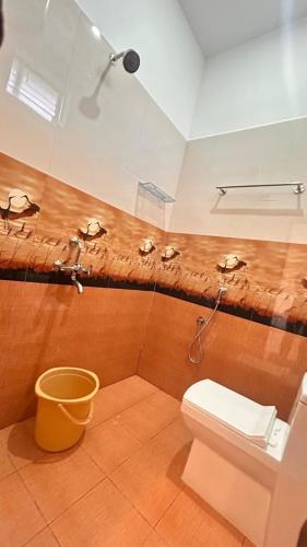 a bathroom with a toilet and a sink and a microphone at La nature in Pondicherry