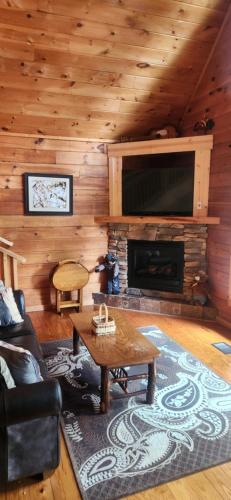 a living room with a fireplace and a tv at The Bears Den in Gatlinburg