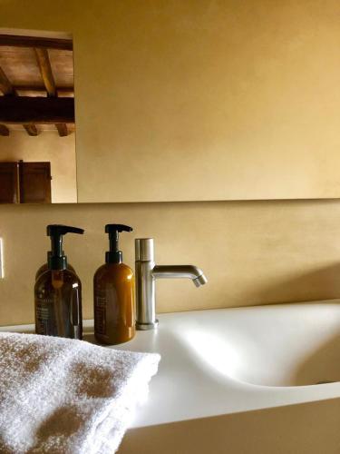 two bottles ofodorizers sitting on a bathroom sink at Castello di Viano in Viano