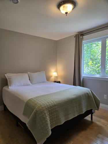 a bedroom with a bed with a green blanket and a window at Calm on the Crescent in St. John's