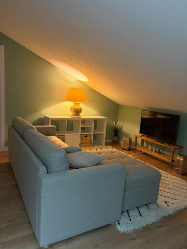 a living room with a blue couch and a television at Mirante Canto Das Águas Hidden Nature Escape near Geres in Lordelo