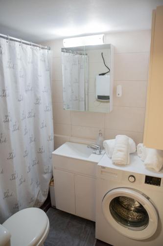 a bathroom with a washing machine and a sink at Μικρό σαλέ. in Pournára