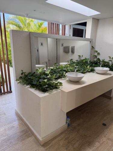 two bowls on a counter in a room with plants at Luxury Ocean View Aparment in Cartagena de Indias
