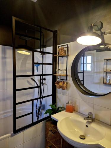 a bathroom with a sink and a mirror at Villa Maskali in Cuxac-dʼAude