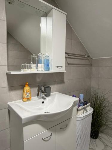 a bathroom with a white sink and a mirror at Prenoćište Šimić in Slavonski Brod