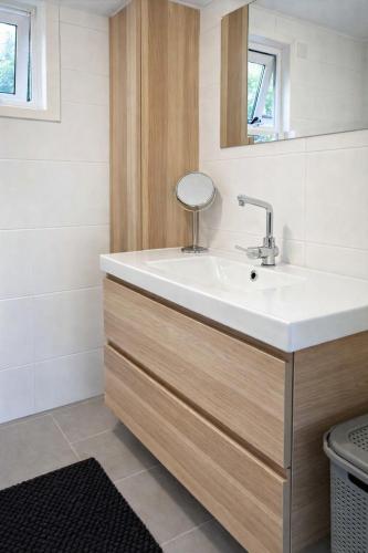 a bathroom with a sink and a mirror at Luxe Chalet met prachtig terras op de Veluwe , veel privacy in Hoenderloo