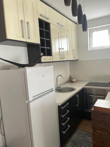 a kitchen with a white refrigerator and a sink at Prvi maj in Ub