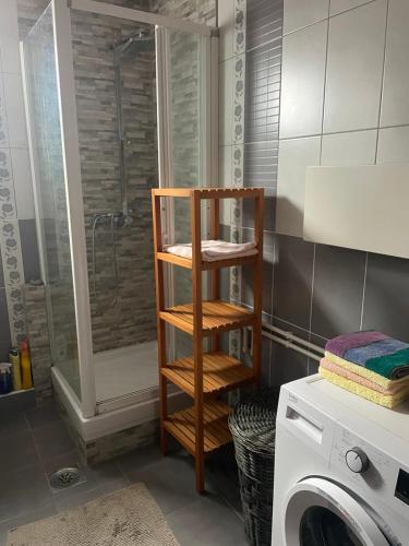 a bathroom with a shower and a wooden shelf next to a washing machine at Prvi maj in Ub