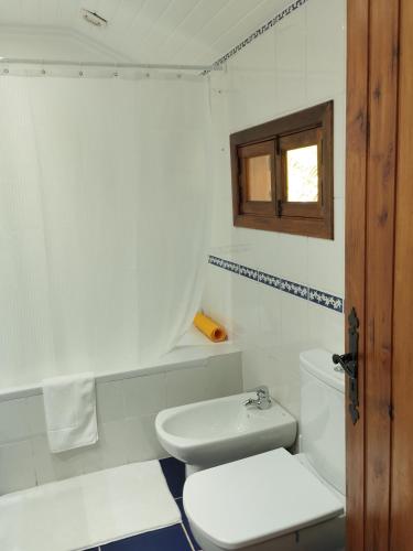a white bathroom with a toilet and a window at Quinta Meneses in Santa Cruz