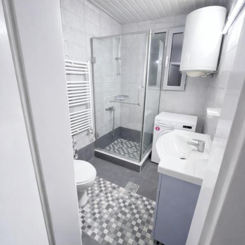 a bathroom with a shower and a toilet and a sink at Above the City, walk everywhere - 2BR, 2 Baths in Skopje
