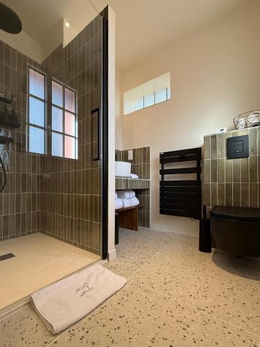 a bathroom with a shower and a toilet at Maison d'Hôtes HAITZ TEYA - La Chênaie in Ascain