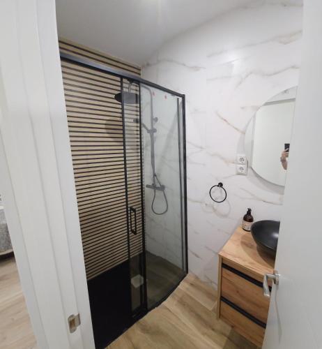 a bathroom with a shower with a glass door at HOSTAL ANDREA GRANVIA in Madrid