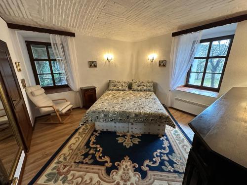 a bedroom with a bed and a chair and windows at Apartmány v Buši in Buš