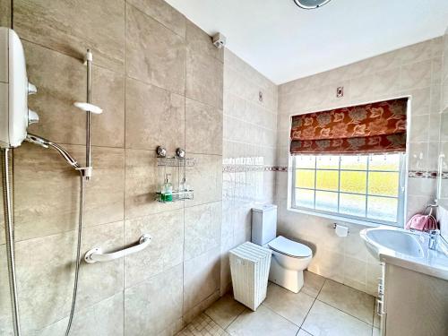 a bathroom with a shower and a toilet and a sink at Ma Monaghan's Cosy Cottage County Tyrone in Pomeroy