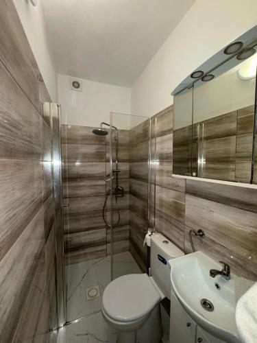 a bathroom with a toilet and a sink and a shower at Apartment Anka Polače in Polače