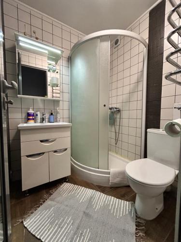 a bathroom with a shower and a toilet and a sink at Kosenko apartments in Zhytomyr