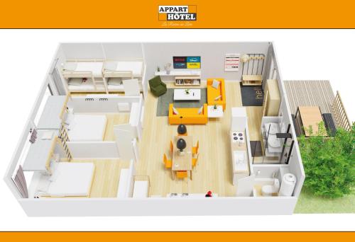a rendering of a floor plan of a house at APPART'HÔTEL Les Prés Blondeau, 1 à 10 personnes, 3 chambres, Terrasse, Parking privé, Wifi, Arrivée autonome 24-7 in Les Rosiers