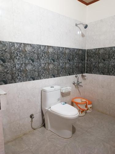 a bathroom with a white toilet in a room at Apple Bud Homestay in Ghund