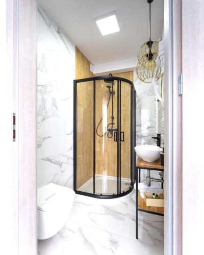 a bathroom with a shower with a toilet and a sink at Willa Krzemień in Sandomierz