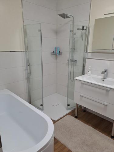 a white bathroom with a shower and a sink at Ferienwohnung Hahnenblick in Hahnenbach