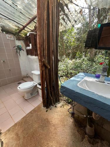 a bathroom with a toilet and a sink at Cabañitas y Dorms in Bacalar