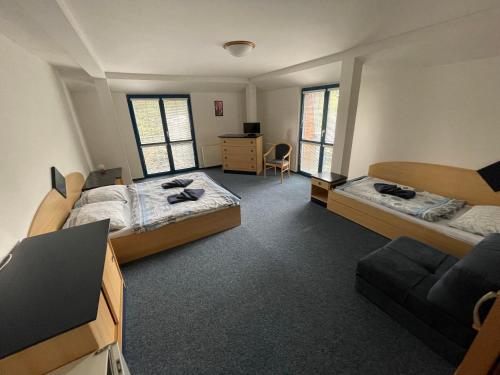 a bedroom with two beds and a desk and a chair at U Konupy in Ober Lindewiese